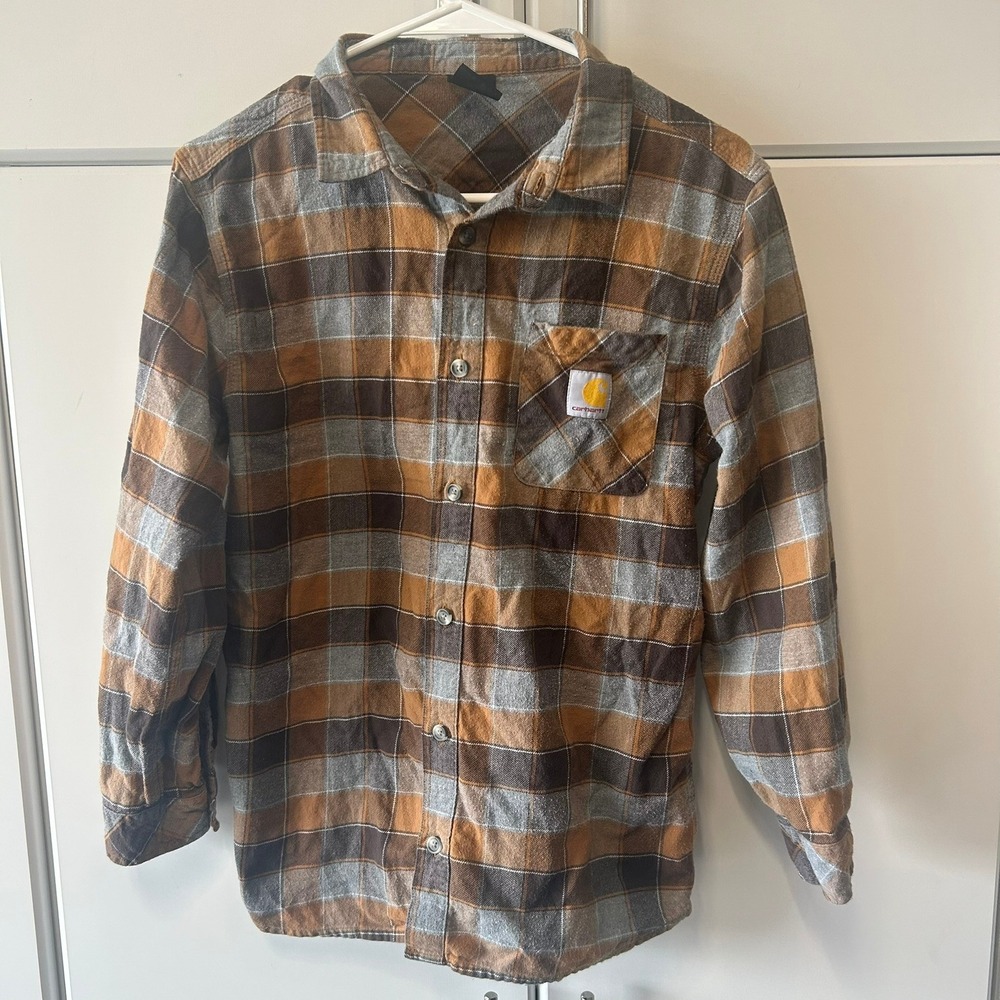 Carhartt Boys Flannel Shirt Large 14-16 Brown Grey Plaid Button Up Long Sleeve